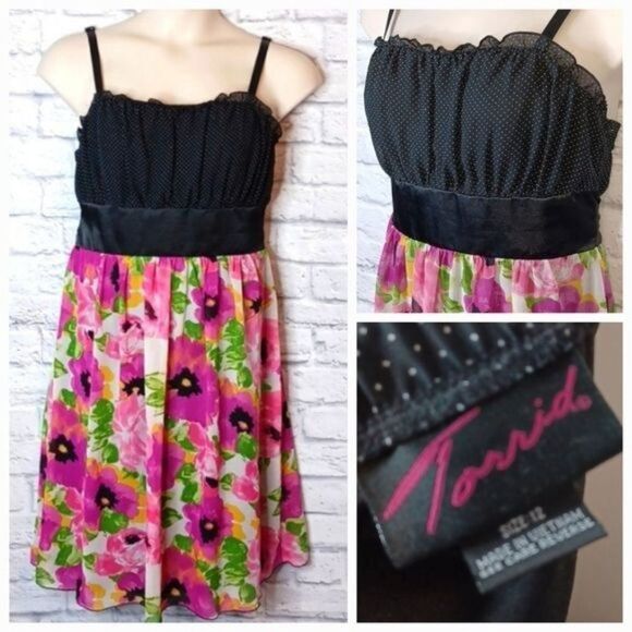 Vintage Torrid Plus Size 12 Floral and Polka Dot Dress Back Zip Pin-Up - Picture 1 of 10